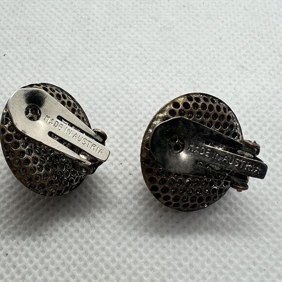 Vintage Austria Clip-On Earrings Silver Tone Dome Red Stone Cabochons - Picture 5 of 6
